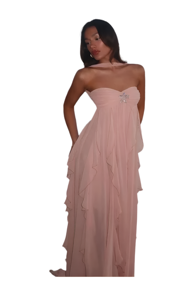 Vestido Blanco Asimétrico de Malla sin Tirantes con Volantes y Flecos