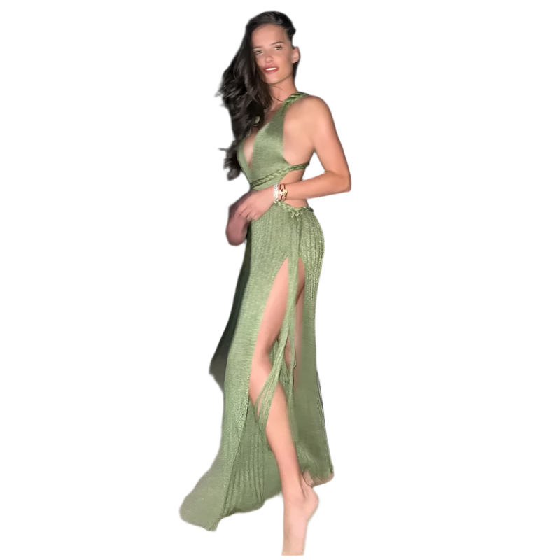 Vestido largo de playa tejido con escote en V y tirantes de cintura ajustada y abertura lateral Boho Chic