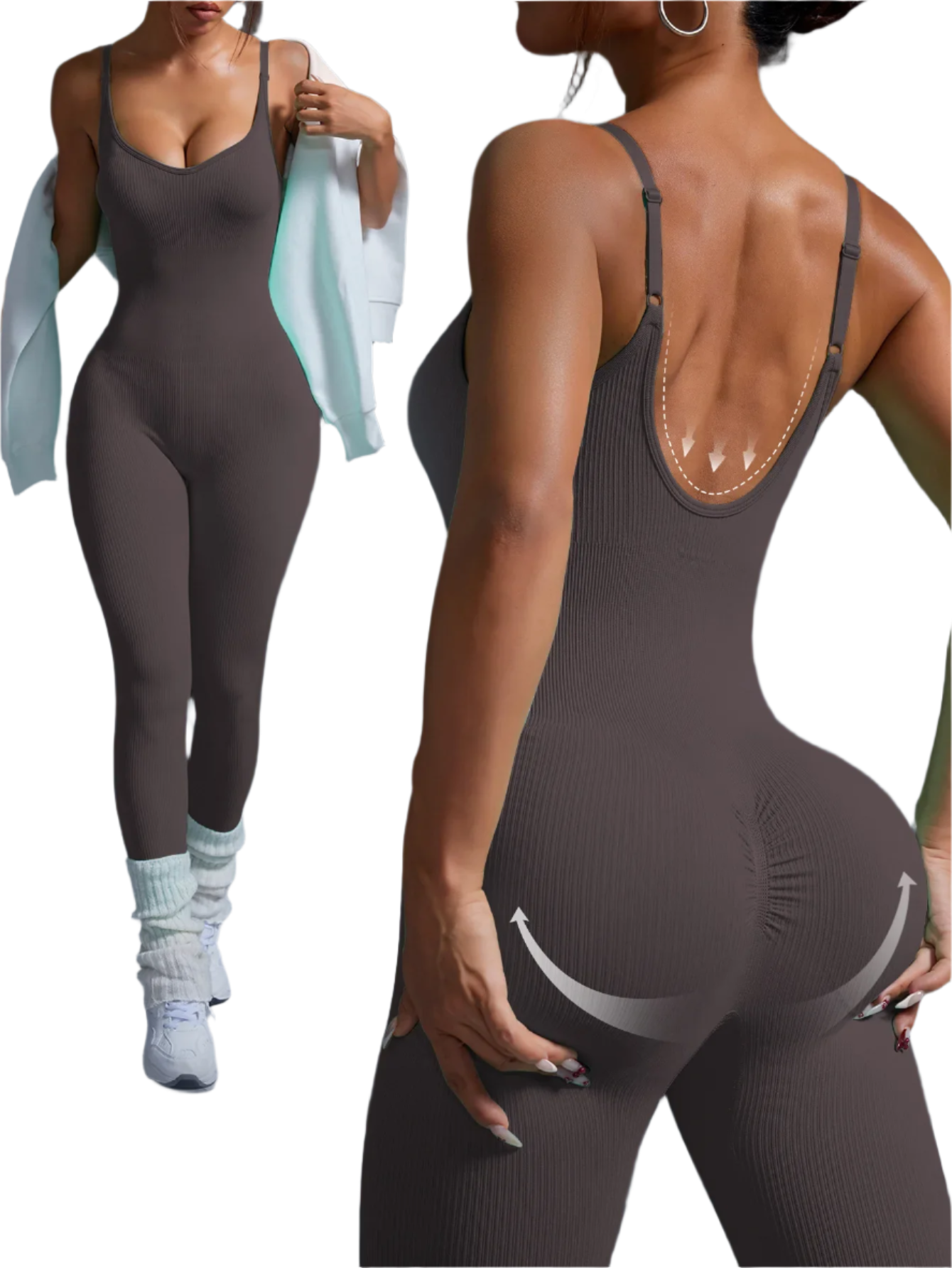 Enterizo Jumpsuit deportivo de una pieza sin costuras de espalda descubierta y ajustado