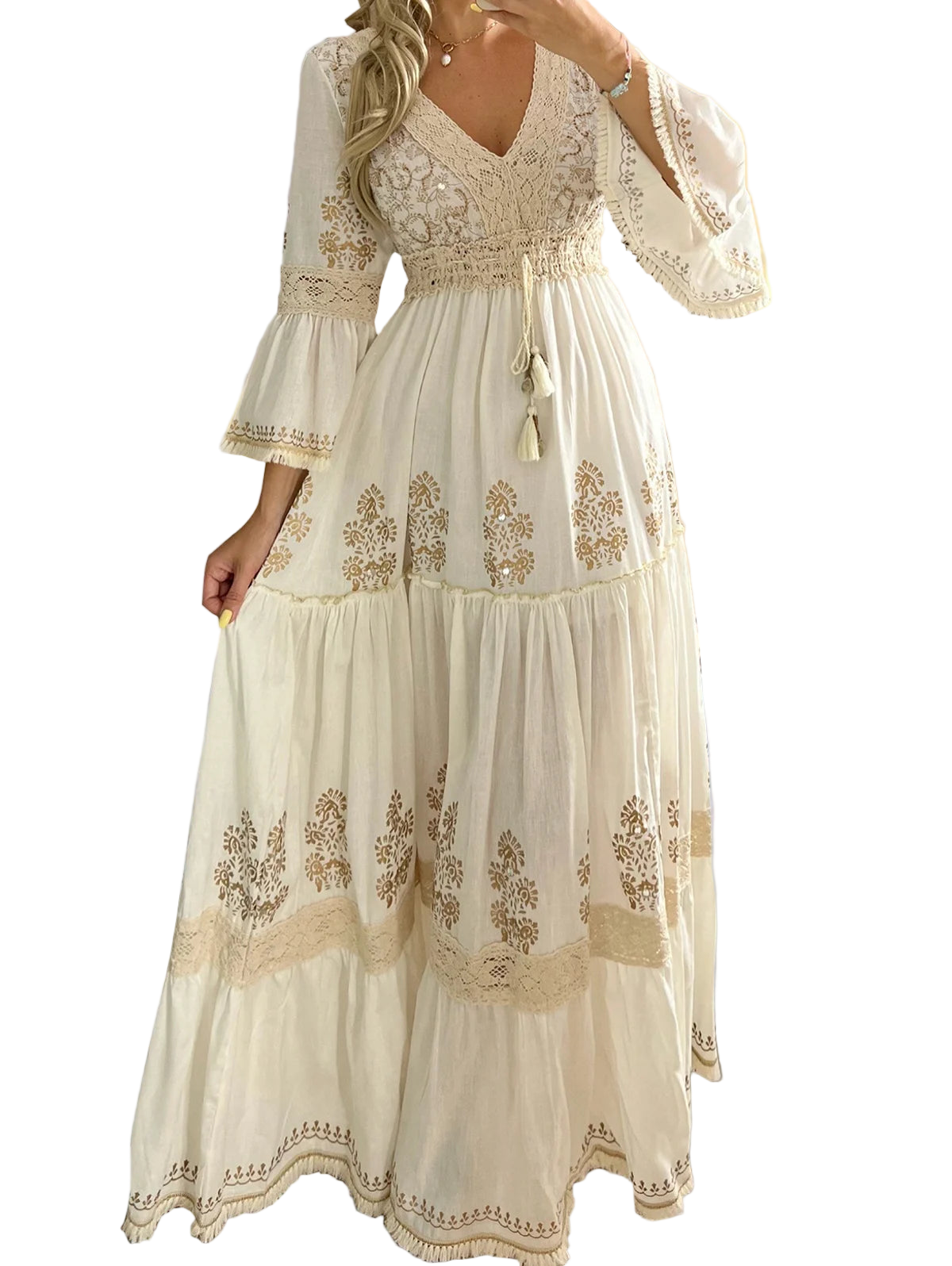 Vestido largo bohemio boho chic con encaje de diseño calado suelto