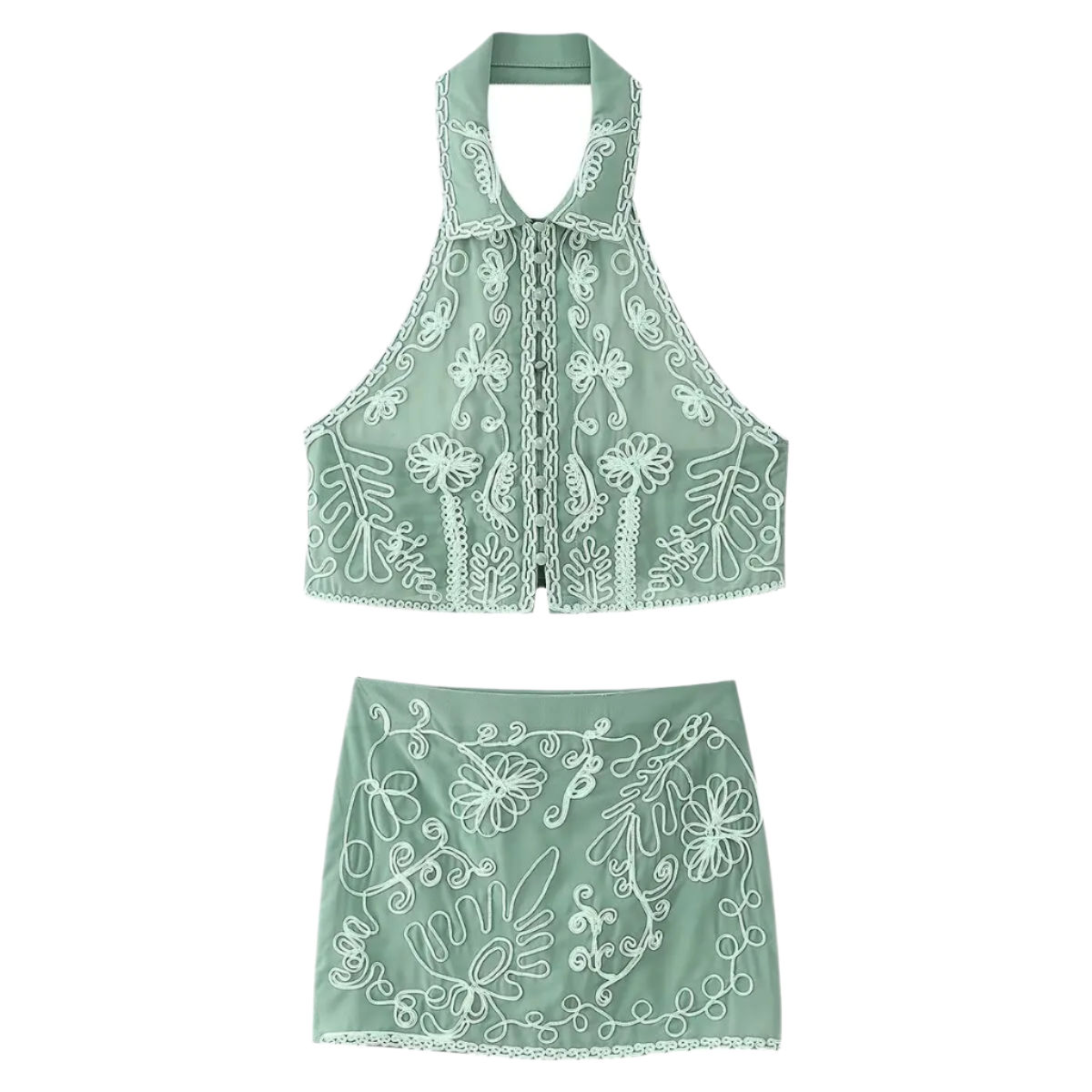 Conjunto Boho Chic de Top Halter Bordado sin Espalda y Falda