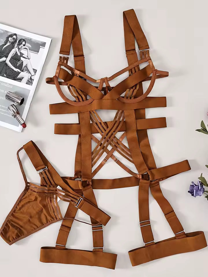 Conjunto Set de Lencería Coqueta 2 piezas con diseño de tiras de estilo jumpsuit ajustado en elástico