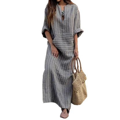Plus Size 5XL Long Sleeve Striped Cotton Linen Kaftan Bohemian Dress