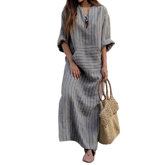 Vestido bohemio largo de algodón y lino talla grande 5XL de tipo caftán con manga larga y rayas