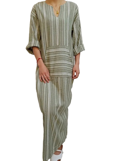 Plus Size 5XL Long Sleeve Striped Cotton Linen Kaftan Bohemian Dress