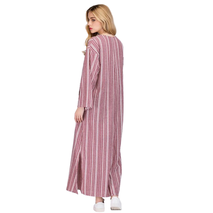 Plus Size 5XL Long Sleeve Striped Cotton Linen Kaftan Bohemian Dress