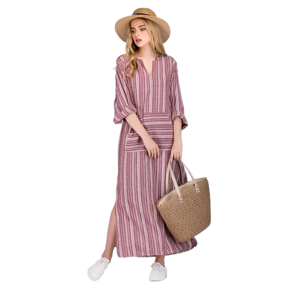 Plus Size 5XL Long Sleeve Striped Cotton Linen Kaftan Bohemian Dress