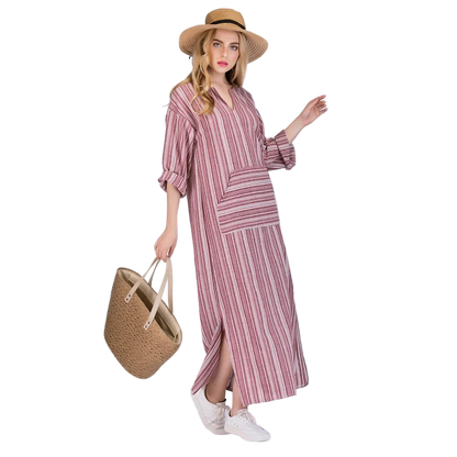 Plus Size 5XL Long Sleeve Striped Cotton Linen Kaftan Bohemian Dress