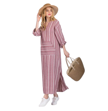 Plus Size 5XL Long Sleeve Striped Cotton Linen Kaftan Bohemian Dress