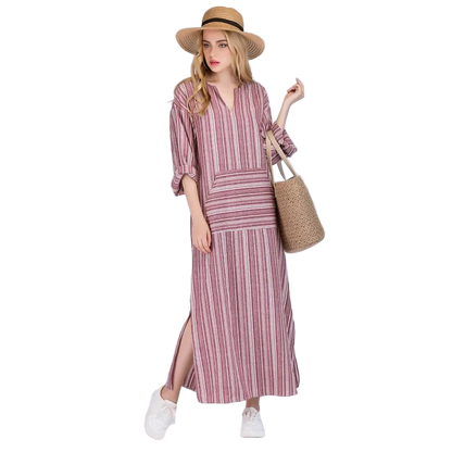 Plus Size 5XL Long Sleeve Striped Cotton Linen Kaftan Bohemian Dress