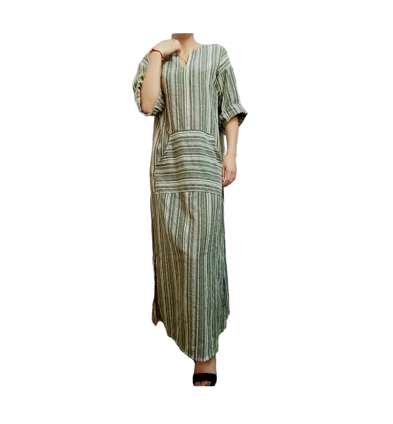 Plus Size 5XL Long Sleeve Striped Cotton Linen Kaftan Bohemian Dress
