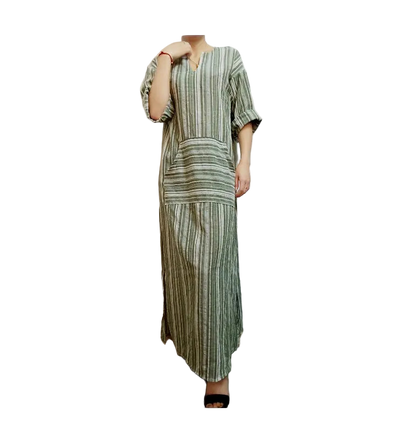 Plus Size 5XL Long Sleeve Striped Cotton Linen Kaftan Bohemian Dress
