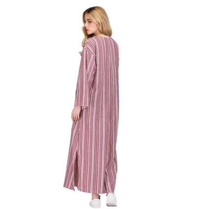 Plus Size 5XL Long Sleeve Striped Cotton Linen Kaftan Bohemian Dress