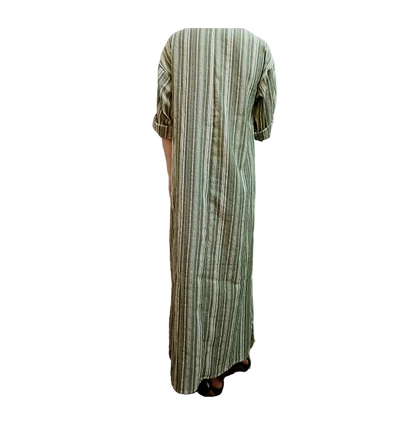 Plus Size 5XL Long Sleeve Striped Cotton Linen Kaftan Bohemian Dress
