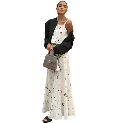 Summer outfit with sleeveless printed crop top and skirt and A-line skirt with drawstring 