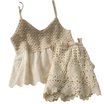 Women's 2-piece set, strappy knit bra top and openwork boho chic wide-leg shorts