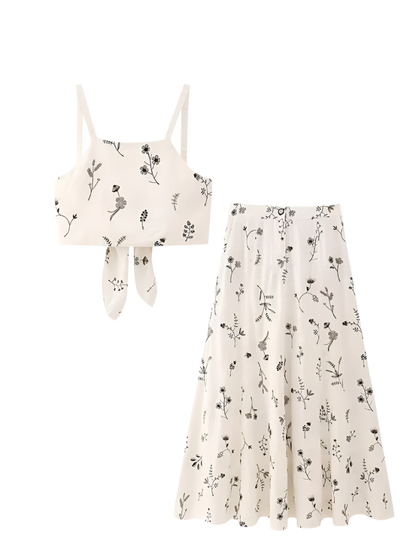 Summer outfit with sleeveless printed crop top and skirt and A-line skirt with drawstring 