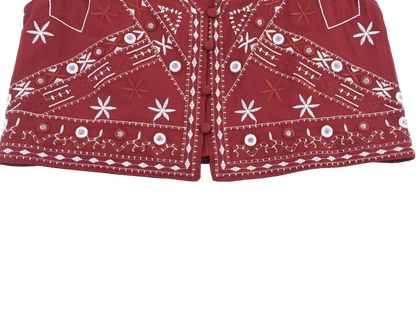 Boho Chic Outfit Set of Red Embroidered Sleeveless Vest and Wide Leg Shorts