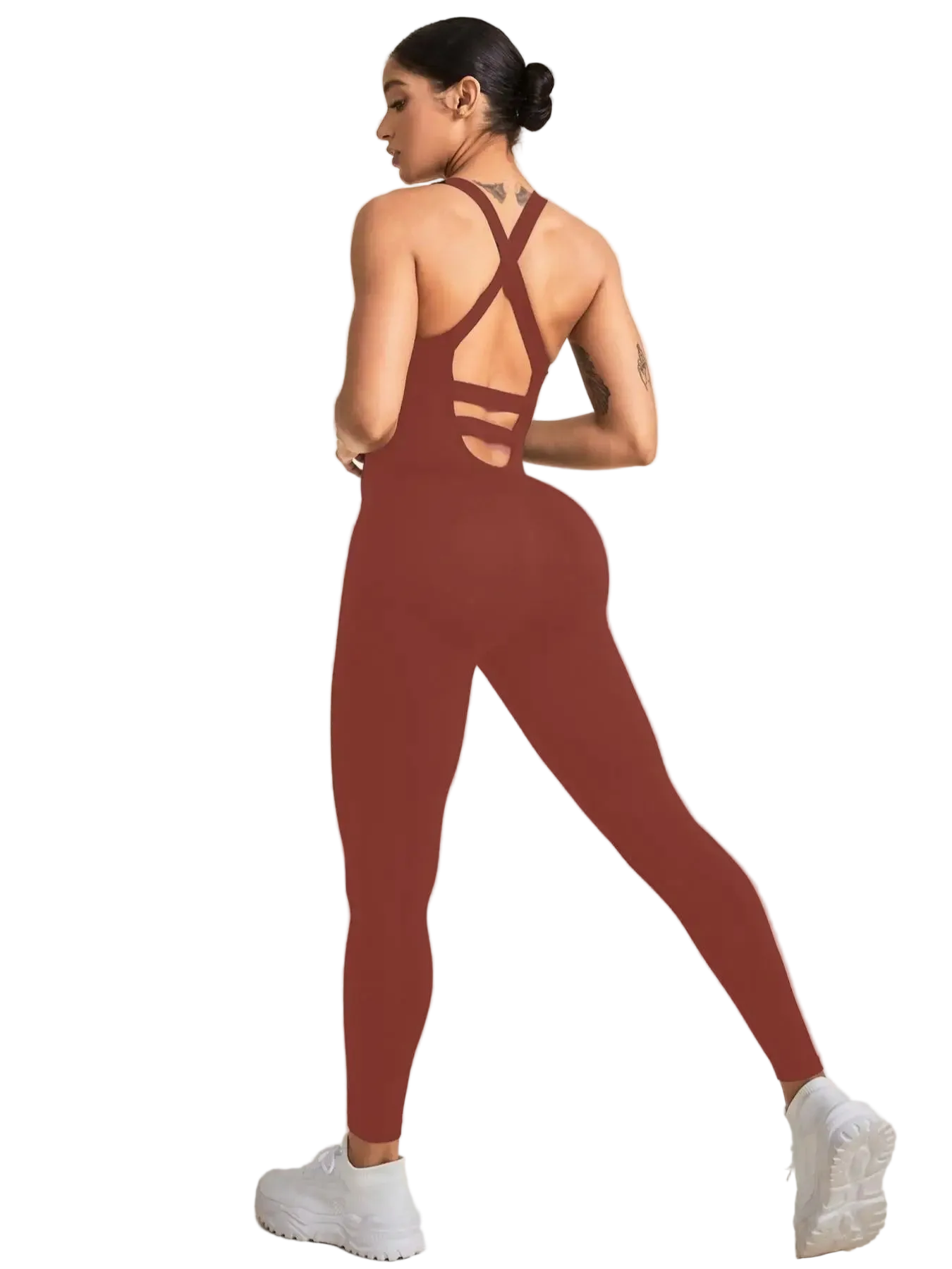 Women's Seamless Sports Jumpsuit with Tummy Control, Crisscross Straps, and Open Back