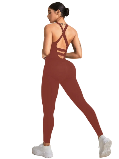 Women's Seamless Sports Jumpsuit with Tummy Control, Crisscross Straps, and Open Back