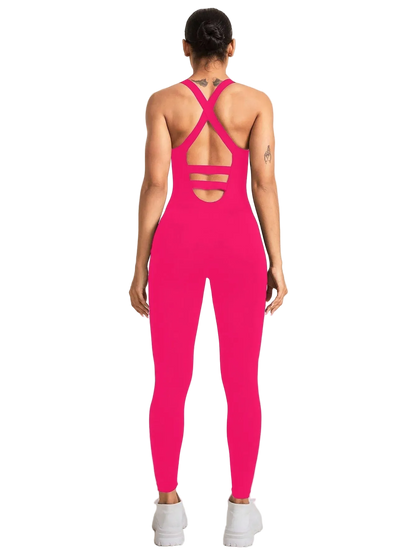 Women's Seamless Sports Jumpsuit with Tummy Control, Crisscross Straps, and Open Back