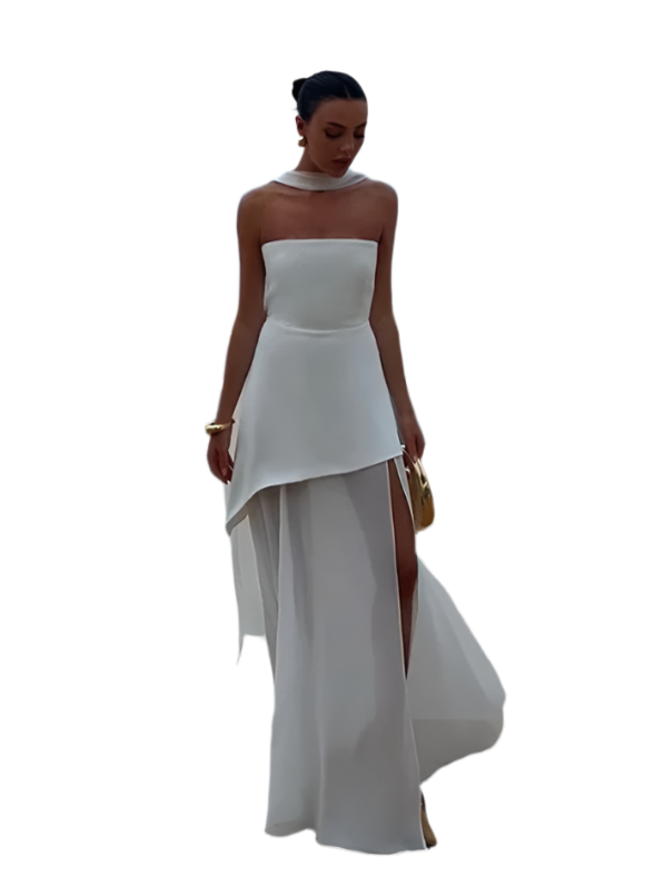 Women's Elegant Strapless Mesh Bow Patchwork Long Dress 