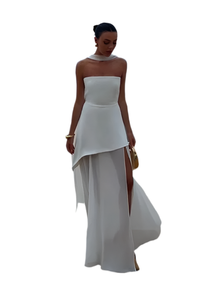 Women's Elegant Strapless Mesh Bow Patchwork Long Dress 