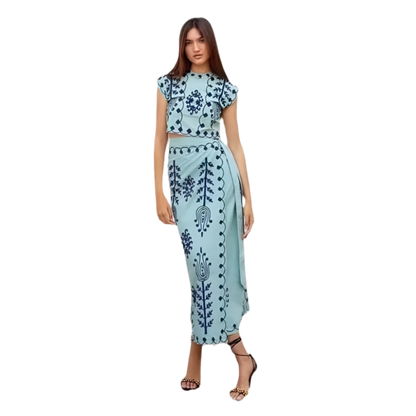 Outfit Conjunto bohemio vintage de 2 piezas con top corto bordado con hombreras y falda con cordones y estampado floral