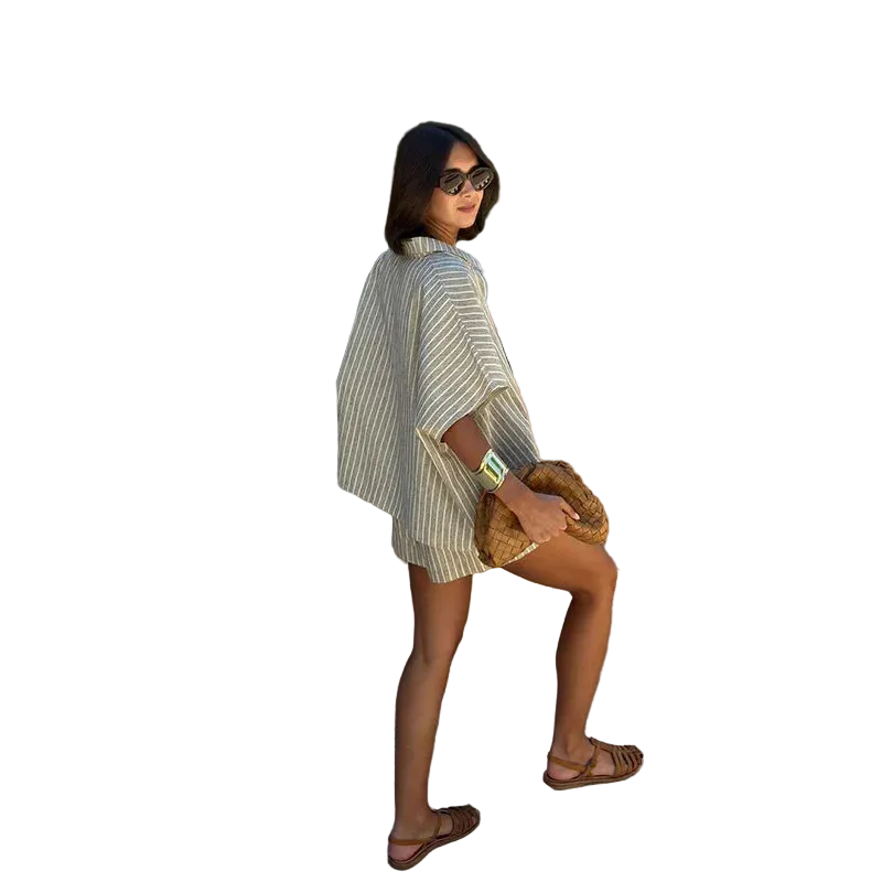 Striped Casual Set with Button-Down Short-Sleeve Lapel Shirt and Wide-Leg Shorts