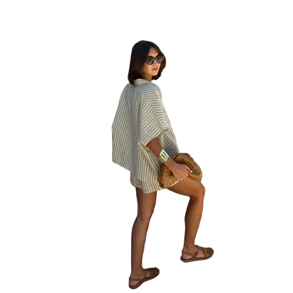 Striped Casual Set with Button-Down Short-Sleeve Lapel Shirt and Wide-Leg Shorts
