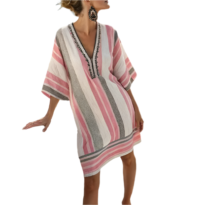 Women's Plus Size Boho Chic V-Neck Summer Dress with 3/4 Sleeves and Floral Print 