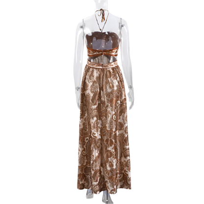 Women's Backless Off Shoulder Summer Dress with Flirty Print and Hollow Cutout