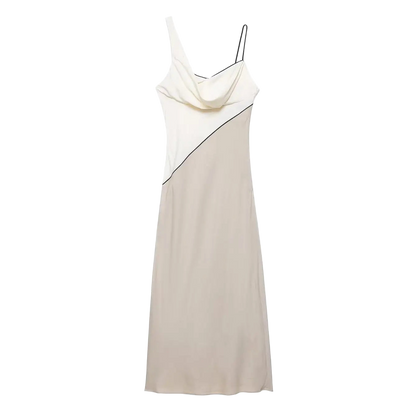 Elegant sleeveless midi dress with draped neck straps in patchwork design