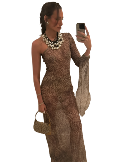 Vestido Largo de Un Solo Hombro con Estampado de Leopardo y Espalda Descubierta