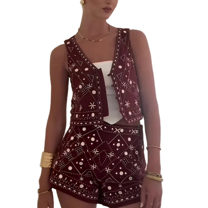Boho Chic Outfit Set of Red Embroidered Sleeveless Vest and Wide Leg Shorts