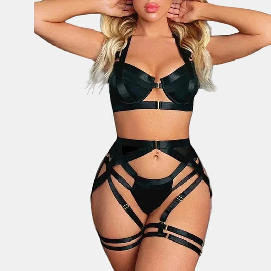 Conjunto de lencería de 4 piezas con tiras cruzadas y diseño moldeador