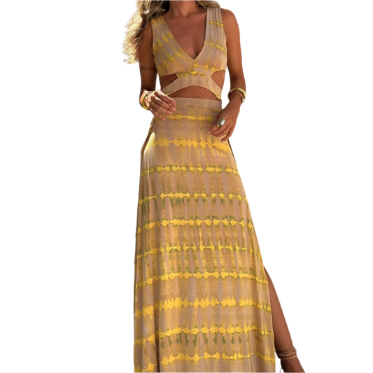 Vestido de verano con escote en V y estampado de corte entallado y abertura lateral de estilo casual