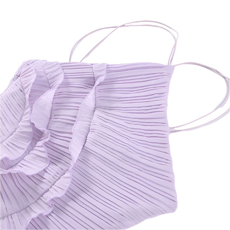 Women's Long Pleated Dress with Halter Neckline in Purple Maxi Style 