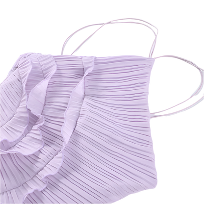 Women's Long Pleated Dress with Halter Neckline in Purple Maxi Style 