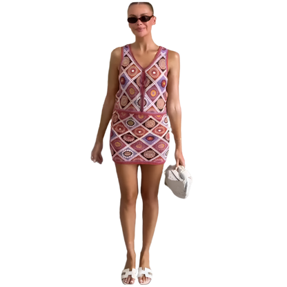 Women's 2-piece bohemian set with V-neck strap top and high-waisted colorful knitted mini skirt