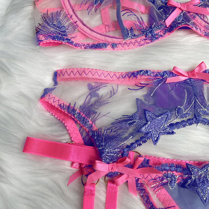 Pink Lace Lingerie Set with Waistband and Sheer Floral Details