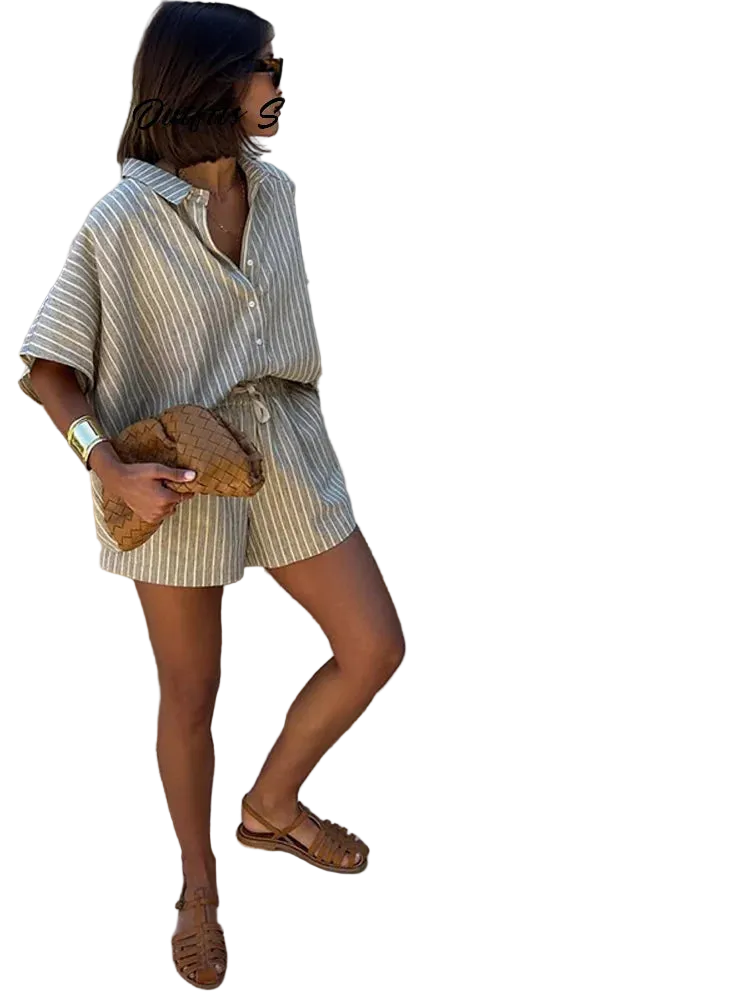 Striped Casual Set with Button-Down Short-Sleeve Lapel Shirt and Wide-Leg Shorts