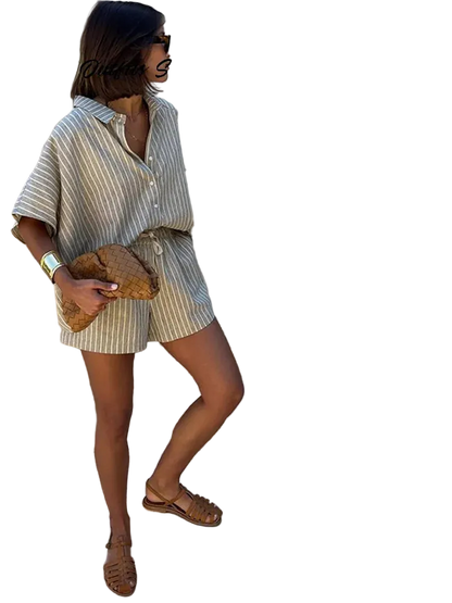 Striped Casual Set with Button-Down Short-Sleeve Lapel Shirt and Wide-Leg Shorts