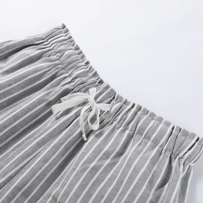 Striped Casual Set with Button-Down Short-Sleeve Lapel Shirt and Wide-Leg Shorts