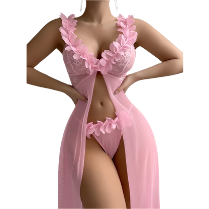 Long Sheer Lace Nightgown Lingerie Dress with Deep V Neckline