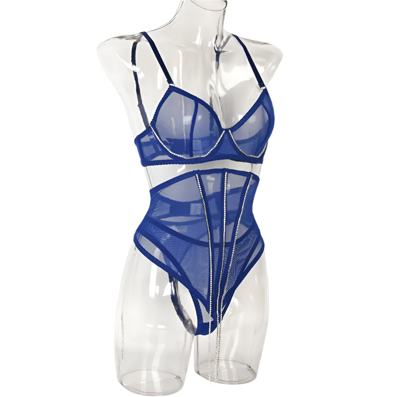 Set Conjunto de lencería con pedrería y Encaje transparente y cinturilla