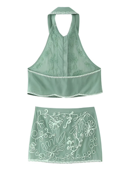 Boho Chic Set of Backless Embroidered Halter Top and Skirt