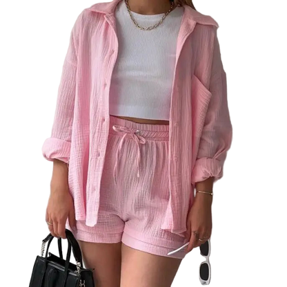 Outfit Conjunto de Camisa manga larga con solapa y short de tiro alto con cordón