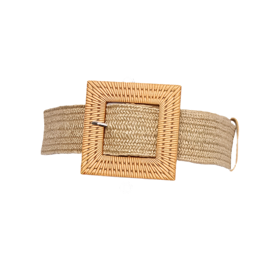 Cinturón Elástico para Mujer con Hebilla Cuadrada de Tejido de Paja de Colores Beige y Negro