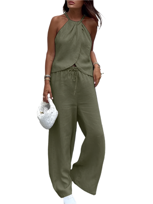 Conjunto de verano para mujer con blusa halter sin mangas y pantalones de cintura elástica de 2 piezas